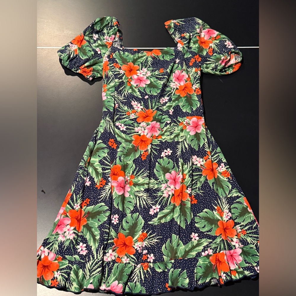 Floral Kids Dress - Navy with Orange and Green